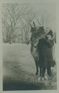 Image: Young girl with burro in snowy yard